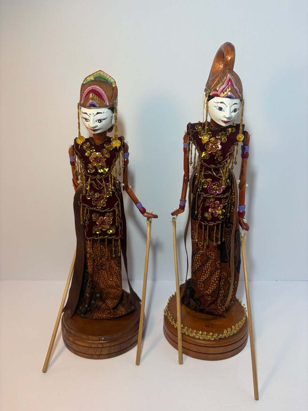 Pair of Indonesian Javanese Wayang Golek Wooden Rod Puppet Figure on Stand